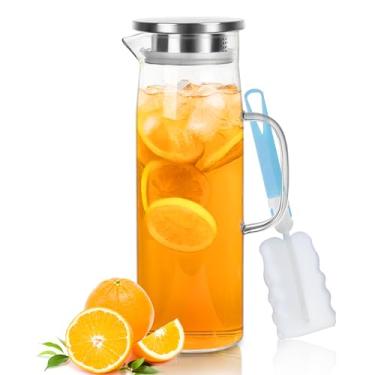 Imagem de Joeyan Jarra de vidro transparente de 1,5 ml com bico e alça da tampa, jarra de água de vidro de 1,5 litro para bebidas quentes/frias, jarro de água para bebidas geladas e sucos de chá gelado, escova de limpeza incluída