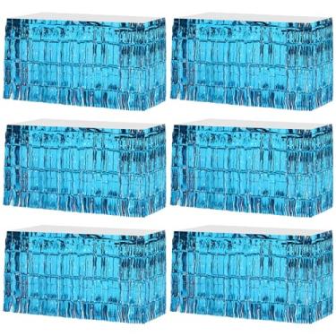 Imagem de Windkream Pacote com 6 saias de mesa com franja ondulada azul petróleo brilhante para decorações de mesa para decorações de aniversário de sereia, festa temática de praia de verão, decoração de festa
