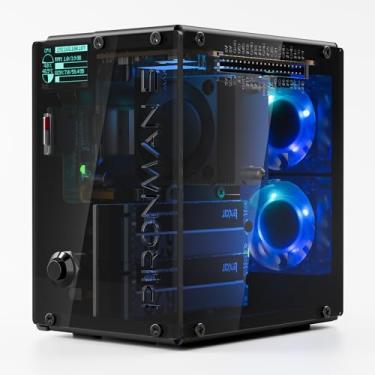 Imagem de Pironman 5-MAX Dual NVMe M.2 SSD PCIe PC Case para Raspberry Pi 5 NAS RAID 0/1 Hailo-8L AI Accelerator PWM Tower Cooler+Dual RGB Fans, módulo OLED de 2.4 cm, desligamento seguro, HDMI padrão (RPI5 não