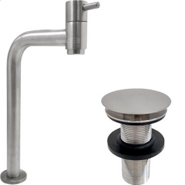 Imagem de Dona D Cor, Torneira Pia Banheiro Escovada Bica Alta 90 Graus E Valvula Click 7/8 Inox Fosco Kit Banheiro Torneira Fria 90° 1/4 De Volta Simples e Ralo Pia 30mm