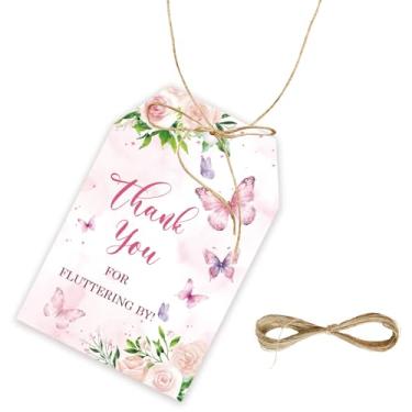 Imagem de FORSHEEP 50 etiquetas de agradecimento de borboleta, etiqueta de presente de flor rosa com cordão para aniversário feminino, etiquetas de papel de agradecimento borboleta para lembrancinhas de festa