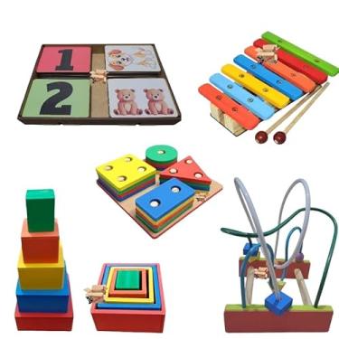 Imagem de Kit Brinquedo Pedagógico Em Madeira Xilofone + Prancha De Seleção + Aramado M + Cubo + Estojo ou Alinhavos (Kit Estojo Ligue N)