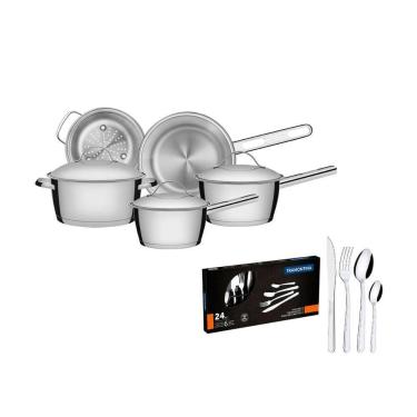 Imagem de Jogo Panelas Allegra 5 Pçs Inox + Faqueiro Inox Buzios 24Pçs