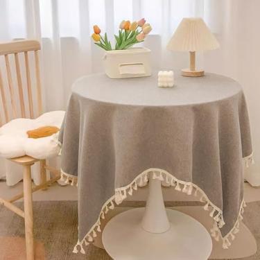 Imagem de KAIJIE Toalha de mesa redonda de algodão e linho com borlas tecido lavável – para mesa de buffet, festas de fim de ano, jantar, casamento e chá de bebê, diâmetro redondo 87"/220 cm café leve