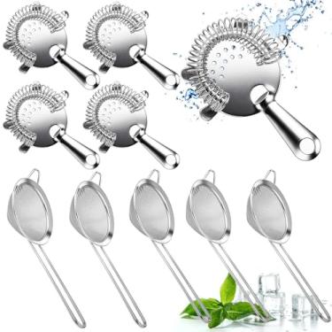 Imagem de Pacote com 10 coadores de coquetel de aço inoxidável, 5 peneiras pequenas em forma de cone de malha fina e 5 coadores de bebida de barra de 4 garras para bartender, suco, chá, café