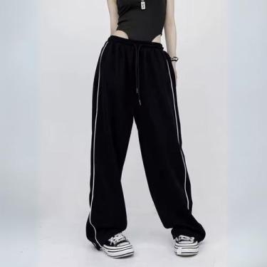 Imagem de Calça básica simples reta larga de tactel com ajuste de cordão na cint