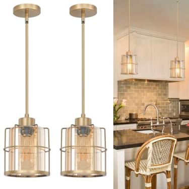 Imagem de DSMJFU DSMJFU Luminária pendente de latão Farmhouse com vidro âmbar, conjunto de 2 unidades de ilha de cozinha dourada com haste ajustável, luminária suspensa de banheiro com gaiola moderna para pia