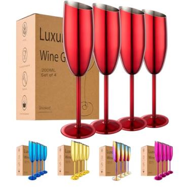 Imagem de UNISWEET Conjunto de 4 taças de champanhe, taças de champanhe de aço inoxidável para casamento e festa de aniversário, taça de champanhe inquebrável de boca inclinada de 200 ml com haste longa e