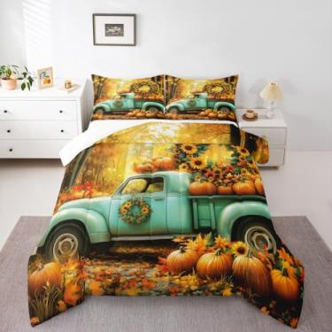 Imagem de Erosebridal Conjunto de edredom infantil com estampa de abóbora, feliz Dia de Ação de Graças, para meninos e meninas, outono Thme, rústico, caminhão, fazenda rústica, guirlanda de girassol, 2 peças