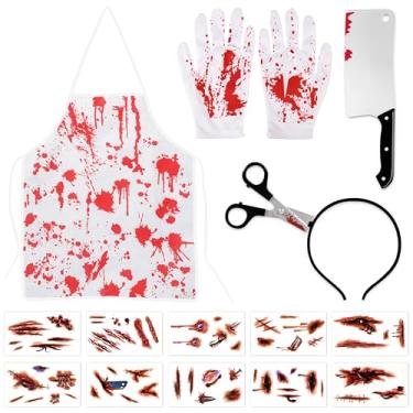 Imagem de jollylife Conjunto assustador de fantasias de açougueiro sangrento de Halloween - avental de chef de cozinha chapéu arma faca tatuagem adesivos de festa zumbi decorações 13 peças, Vermelho, branco, M