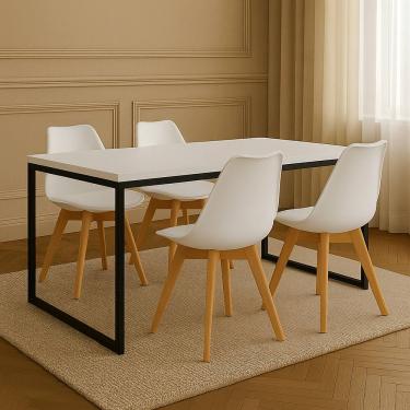Imagem de Conjunto Mesa de Jantar Retangular 120x80cm com Tampo Branco e Estrutura em Aço Preto+4 Cadeiras Brancas Pés em Madeira