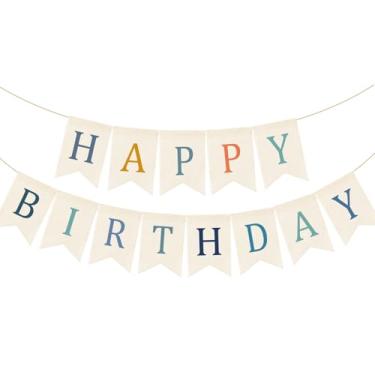 Imagem de Doumeny Faixa de serapilheira de feliz aniversário boho guirlanda de aniversário bandeira boêmia azul bandeira branca para pendurar aniversário pastel arco-íris decoração de festa para casa lareira