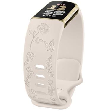 Imagem de Pulseira com gravação floral compatível com Fitbit Charge 6/5, mulheres e homens, pulseiras de substituição macias para Fitbit Charge 6/5 Advanced Fitness & Health Tracker (Starlight)