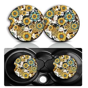 Imagem de Conjunto de 2 porta-copos de carro de girassol ocidental – Acessórios divertidos para carros de leopardo e girassol, 7 cm, tamanho universal, tapete de borracha antiderrapante, porta-copos de inserção