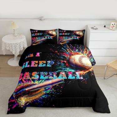 Imagem de Feelyou Conjunto de edredom de beisebol, tamanho casal, colorido e vibrante, para crianças, meninos, meninas, tema esportivo, edredom de beisebol, presente de microfibra, 3 peças com 2 fronhas