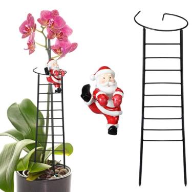 Imagem de Chunful Estaca de suporte de plantas de Natal, presentes de Natal, estátua de Papai Noel com escada preta de 40,6 cm, poste decorativo de jardim para amarílis em vaso, suporte de tomate com flor de