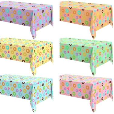 Imagem de Oudain Pacote com 6 toalhas de mesa de plástico para donuts, 137 x 272 cm, capas de mesa com tema de donuts, decorações de festa de aniversário, descartáveis para festas temáticas, chás de bebê