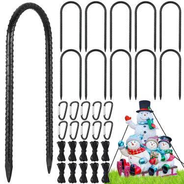 Imagem de LEIFIDE Conjunto de 30 estacas infláveis de Natal, estacas de vergalhão de jardim de 15 cm para serviço pesado, 10 cordas e 10 ganchos, âncoras de chão para cerca de elo de corrente preta para
