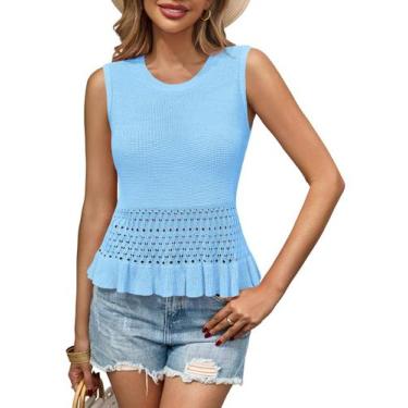 Imagem de Camiseta regata de crochê Saodimallsu feminina com babados azul claro