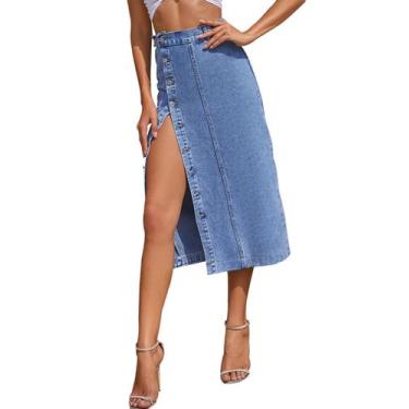 Imagem de Saia jeans midi azul para mulheres Saia jeans sólida com botões, cintu