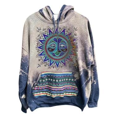 Imagem de Suéter masculino e feminino retrô com capuz estampado sol e lua letras