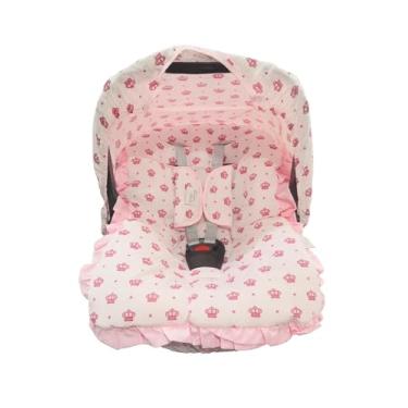 Imagem de Kit Completo para Bebê Conforto – Universal com Capa, Capota e Protetores de Cinto – Tecido 100% Algodão – Confortável e Macio (Coroinha Rosa)