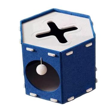 Imagem de MotiveTech Casinha de feltro para gatos, dobrável, com bola para pendurar, olho mágico, aconchegante, extra grande, caverna, túnel para gatinhos, Azul