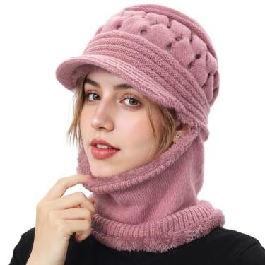 Imagem de Gorro feminino de inverno, conjunto de máscara de cachecol de inverno para mulheres, gorro despojado de uma peça com aba de viseira forrada de lã, roxo 2025