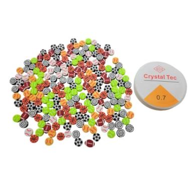 Imagem de Onebasispoint Contas esportivas, 200 bolas de argila de polímero para fabricação de joias, beisebol, basquete, futebol, vôlei, futebol, tênis e cordão elástico de 6 metros (bolas esportivas 200 peças