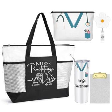 Imagem de Sieral 5 peças de presentes de enfermeira a granel para mulheres presentes de Natal NP tote bolsa de maquiagem crachá prancheta (branca)