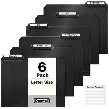 Imagem de Dunwell Pastas de plástico pretas com 3 abas (pacote com 6), pastas de arquivo resistentes de 1/3 para documentos de 21 x 28 cm, mangas de arquivo de plástico Manila, poliéster sem ácido, inclui