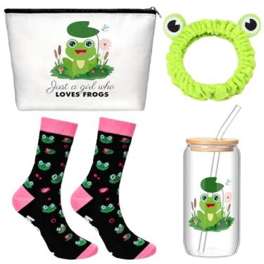 Imagem de Watersay Conjunto de 4 peças de presente de sapo para mulheres, inclui copo de vidro de 473 ml com tampa, canudo verde, olho de sapo, faixa elástica para cosméticos, meias fofas para aniversário,