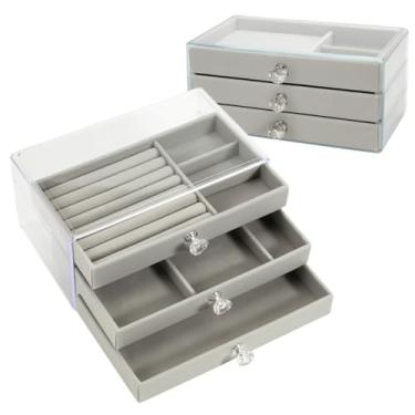 Imagem de Porta Joias de Luxo com 3 Gavetas, Acrílico Transparente e Interior Aveludado, Organizador de Joias e Bijuterias, 23.5 x 13.5 x 11 cm, Cinza