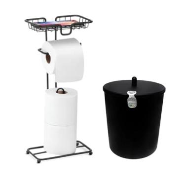 Imagem de Kit Banheiro Elegante Black - Porta Papel Higiênico Com Suporte Para Guardar Celular ou Lenço Umedecido e Lixeira Preta - Acabamento Luxuoso