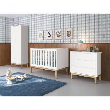 Imagem de Jogo De Quarto Para Bebê Completo 2 Portas Classic New Branco Fosco Com Natural - Reller