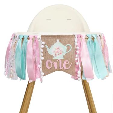 Imagem de Faixa de cadeira alta Alice In Onederland - decoração de primeiro aniversário com tema de bule de chá, festa de chá de princesa para o primeiro aniversário