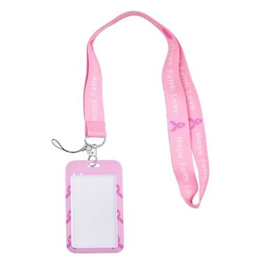 Imagem de Cordão de conscientização do câncer de mama com porta-crachá de identificação, presente de Natal para pacientes com câncer de mama, chaveiro de fita rosa, acessórios para meninas, mulheres