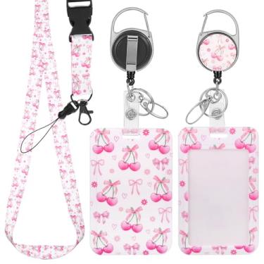 Imagem de LXUEJIE 1 cordão de laço, cordão de cereja para crachás de identificação com clipe retrátil, suporte de crachá de identificação rosa com cordões removíveis, cordão de professor com clipe de suporte