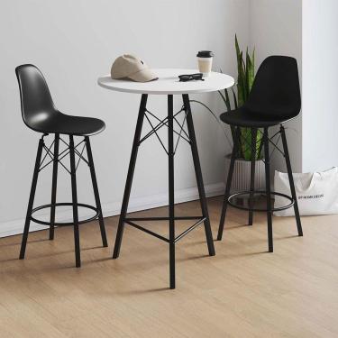 Imagem de Conjunto Mesa Bistrô Redonda Estrutura Em Ferro Preto Com Tampo Branco Com 2 Banquetas Eames Preta