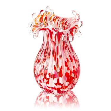 Imagem de Qfkris Vaso de vidro soprado à mão para flores, vasos de flores de bolha de cristal vermelho de 20 cm para buquê de decoração de casa, centros de mesa decorativos, exclusivo para mãe, presente de dia