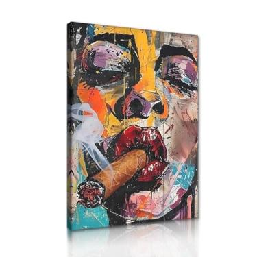 Imagem de Arte de parede abstrata mulher fumando arte de parede colorida grafite feminino retrato arte de parede com lábios vermelhos e fumaça impressão em tela emoldurada - 30,5 x 40,6 cm