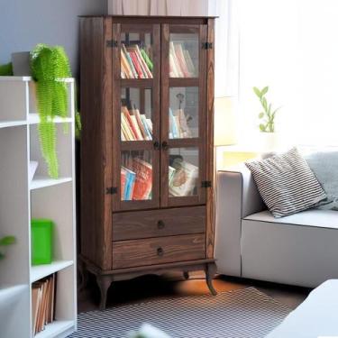 Imagem de Cristaleira Rústica Madeira Maciça 2 Gavetas Portas De Vidro Imbuia - 