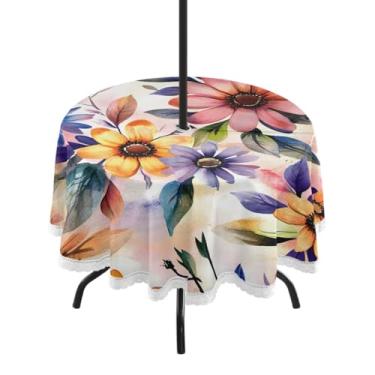 Imagem de CEBUGI Toalha de mesa redonda para uso ao ar livre, colorida, floral, impermeável, com furo Umberlla, capa de mesa lavável para pátio, cozinha, sala de jantar, 152 cm