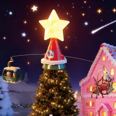 Imagem de Topo de árvore de Natal, trenó de rena do Papai Noel giratório em movimento estrelado + boneco de neve em teleférico verde com slogans de Feliz Natal, estrela de LED iluminada, festa de Natal com