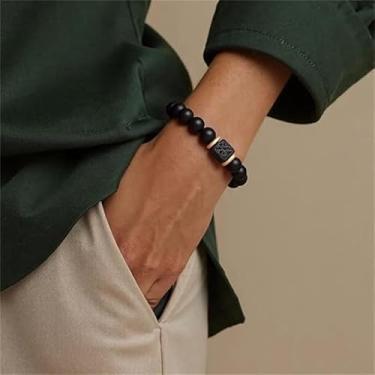 Imagem de Pulseira masculina elástica ajustável de 8 mm, ônix preto e pedra vulcânica, pulseiras masculinas com cordão elástico
