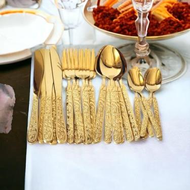 Imagem de Faqueiro de Luxo Talheres Mesa Dourado cabo detalhado 24pç - STAINLESS