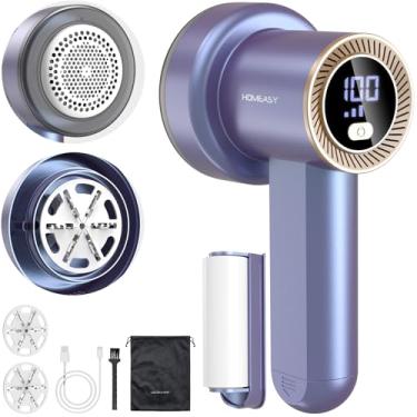 Imagem de Barbeador de tecido recarregável, removedor de fiapos elétrico HOMEASY com 3 lâminas e visor digital de LED, barbeador de comprimidos de tecido de sofá para suéter, sofá, móveis (roxo)
