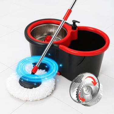 Imagem de Mop Giratório com Balde, Refil de Microfibra, Cesto em Aço Inox, Sistema de Rotação 360°, Preto e Vermelho