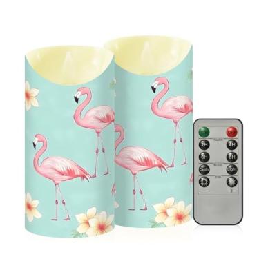 Imagem de Wassud Velas sem chama com estampa de flamingos e flores com controle remoto, velas realistas cintilantes com temporizador, velas decorativas para Natal, casamento, festa, decoração de casa média