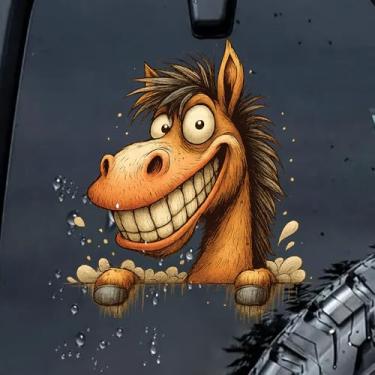 Imagem de Decalque de parede de cavalo engraçado – Adesivo de vinil de personagem de desenho animado 22 x 23 cm, arte decorativa interna marrom e bege para quarto de crianças ou sala de jogos